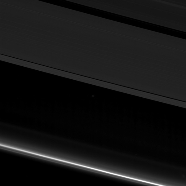 Between the icy rings of Saturn, NASA’s Cassini spacecraft captured this image of Earth on April 12, 2017. Cassini was 870 million miles (1.4 billion kilometers) away from Earth, when this photo was taken.