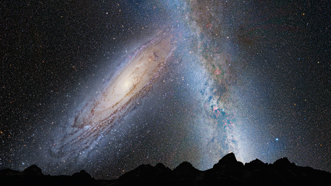An illustration of the Andromeda Milky Way collision. This illustration shows the Milky Way colliding with Andromeda 3.75 billion years from now.