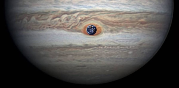 A picture of Jupiter’s Great Red Spot with planet Earth inside of it to show how big the Great Red Spot is.