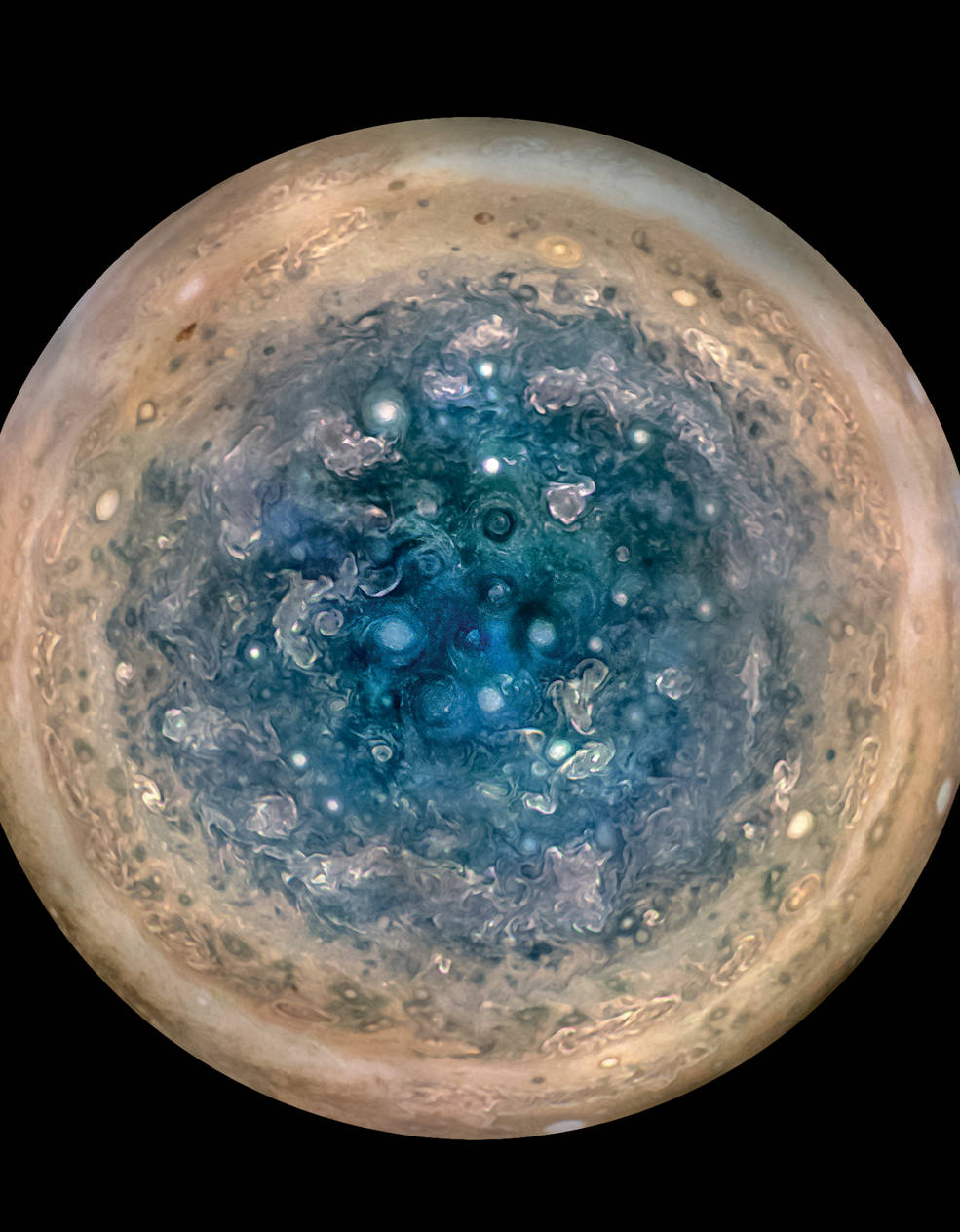 A picture of Jupiter’s south pole with enhanced dark blue color to show the center of the planet.