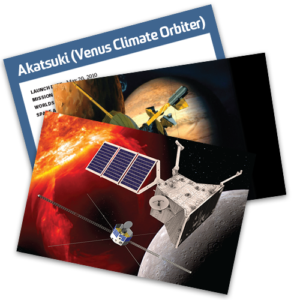 Three flashcards showing various spacecraft and information about them