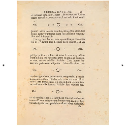 A print showing Galileo's writings and jupiter illustrations