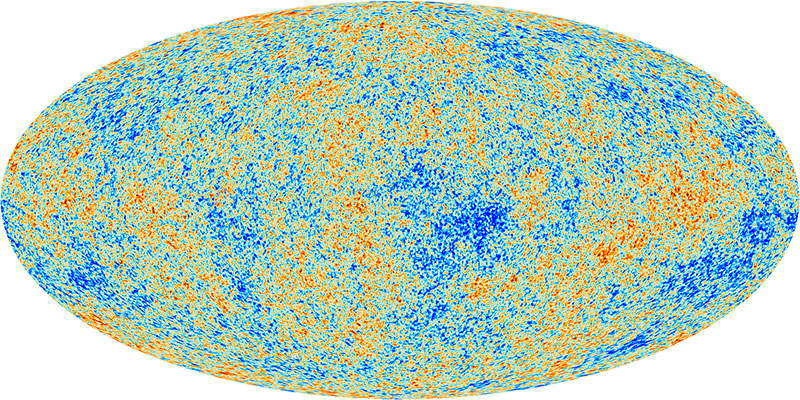 The cosmic microwave background showing different colors representing small temperature fluctuations.