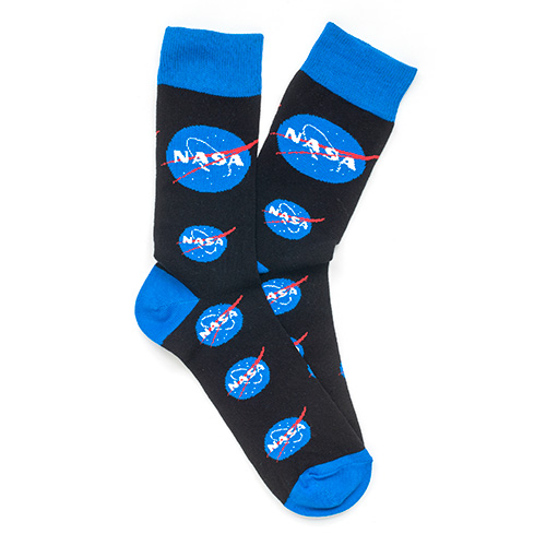 a pair of black socks with multiple blue nasa logos