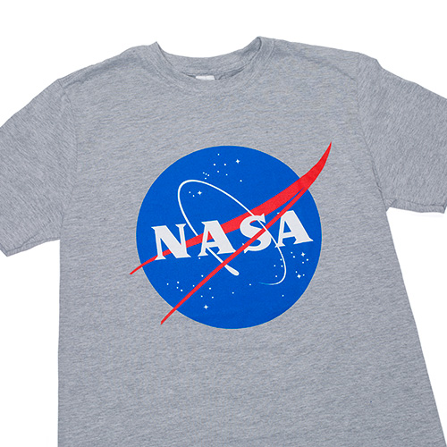 a grey t shirt with the blue nasa logo on the front