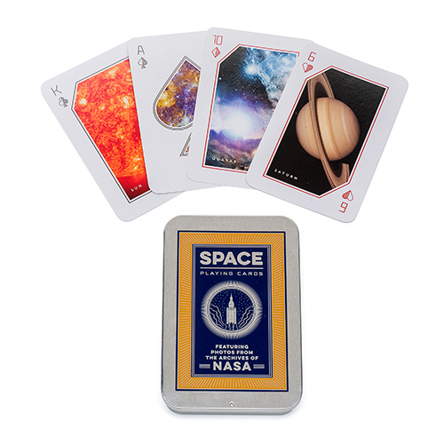 a metal tin used to hold playing cards that feature various images from NASA such as the sun, saturn, and hubble images