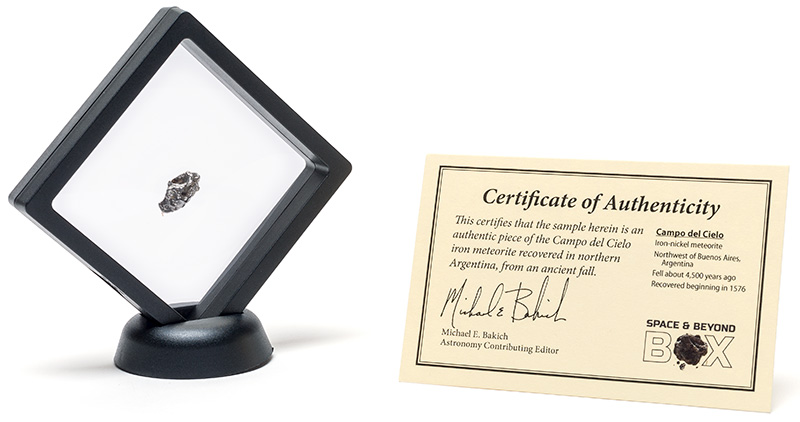 The meteorite encased in a glass stand with the certificate of authenticity
