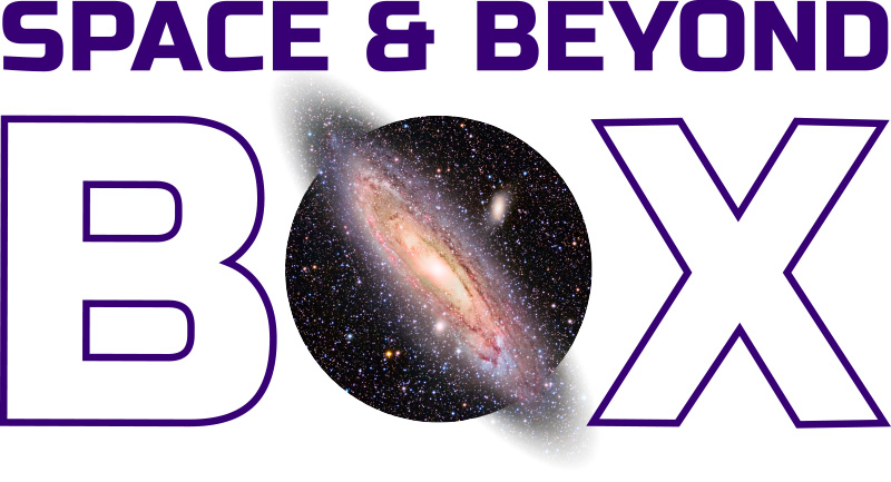 The space and beyond box logo with the andromeda galaxy in the place of the o in the word box