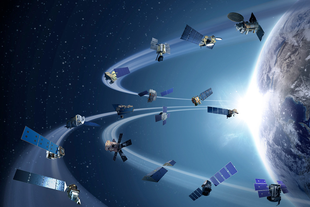 an illustration showing various satellites all around earth's horizon