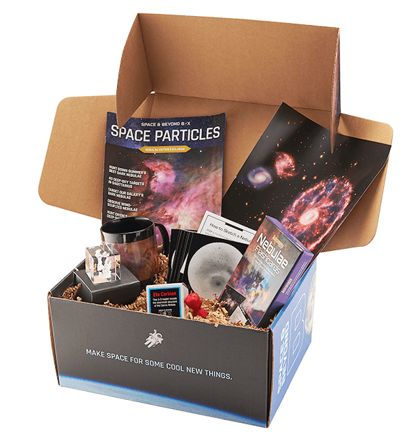 An open box showing a variety of planet themed products